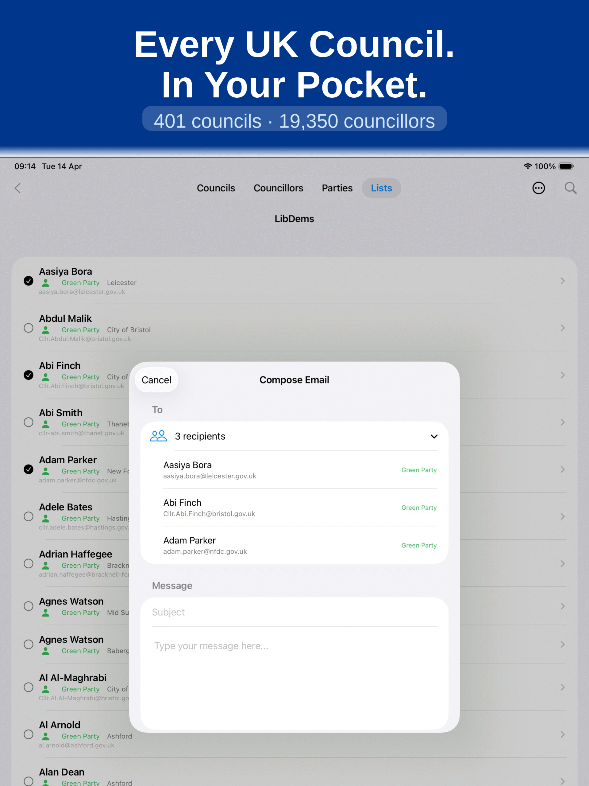 Councils list showing 401 councils, 19,350 councillors and 3,272 parties across the UK