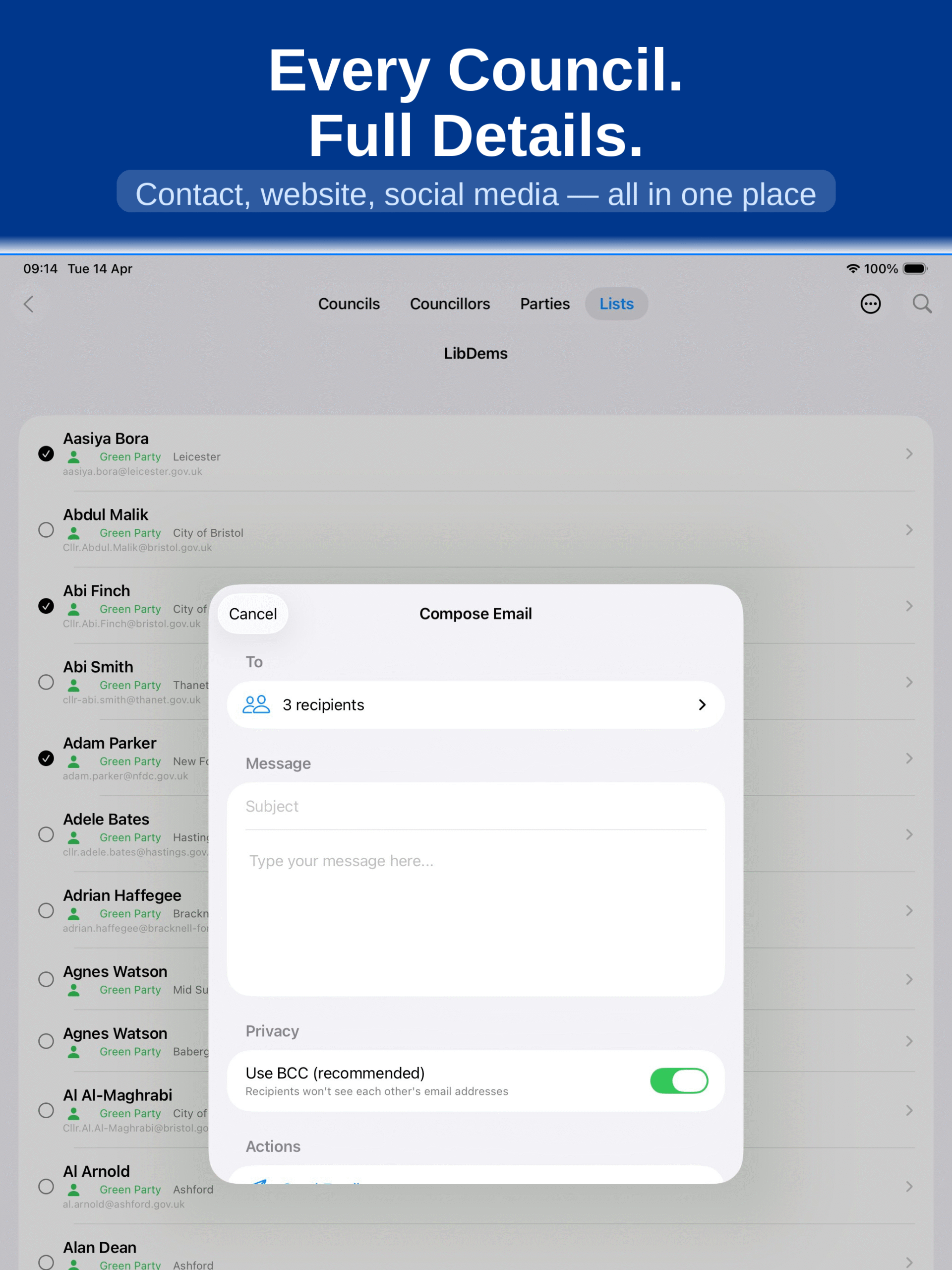 Councillor detail page for Joel Gabriel, Green Party, showing email and phone contact